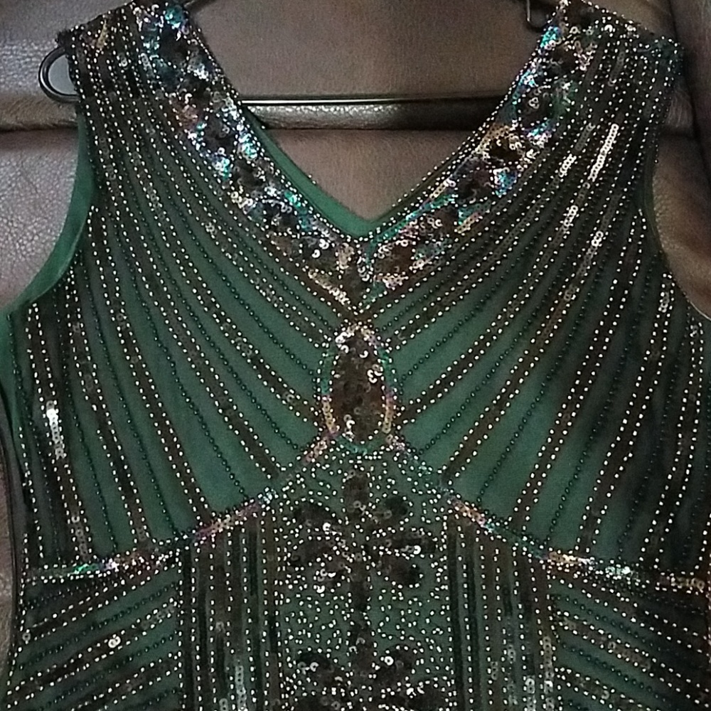 Embellished Green V-Neck Great Gatsby Roaring 20's Midi Dress Costume, Dance